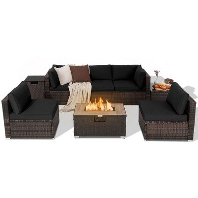 Costway 8PCS Patio Rattan Furniture Set Fire Pit Table Tank Holder Cover Deck Off White/Black/Navy/Red/Turquoise