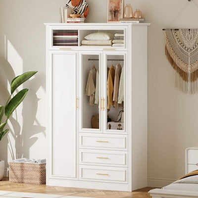 ORRD White 4-Door Wardrobe Closet with LED Lighting and 3 Drawers