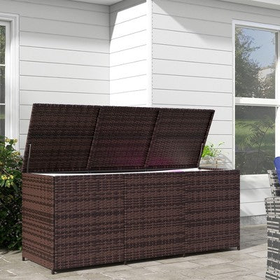 Gulches 175 Gallon Outdoor Storage Box with Inner Liner, PE Rattan Deck Box for Indoor, Patio Furniture Cushions, Pool Toys, Garden Tools, Brown