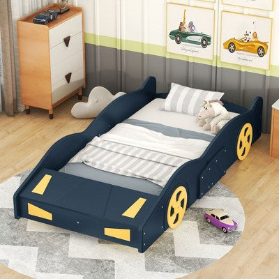 Okak Platform Bed Frame with Wheels and Storage Race Car-Shaped for Kids Noise-Free Bed Strong Wood Slats Easy Assembly