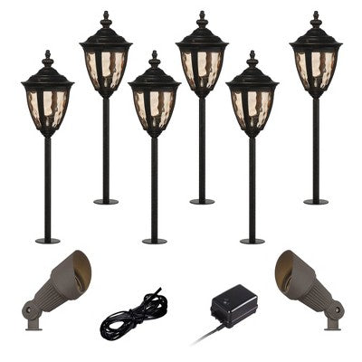 John Timberland Uvas 22 1/2" High Traditional 10-Piece Outdoor Landscape Path and Spot Light Set Porch House LED Bulb Brown Bronze Finish Glass Shade