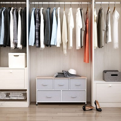 Aghana Digitals 40" Rustic 5-Drawer Horizontal Storage Organizer with Fabric Bins - Light Gray Wood