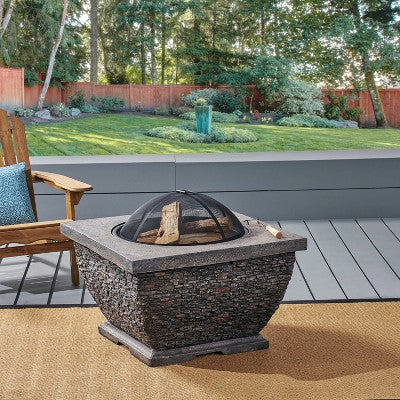 32 Inch Square Outdoor Fire Pit with Hand Crafted Concrete and Wood Burning Capability