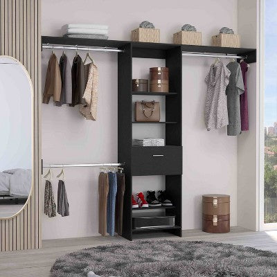 Gulches Closet System, One Drawer, Three Metal Rods, Five Open Shelves, Black