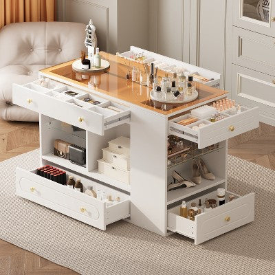 Closet Island with 6 Drawers, Dresser with Glass Display Top & Open Shelves, Jewelry Storage Vanity Island Display Cabinet - ModernLuxe