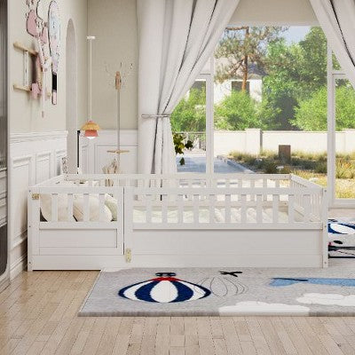 CAVINAS French Full Size Bed Frame, Pine Wood Platform Bed Frame with Safety Fences, Children's Floor Bed Frame, Montessori Wooden Toddler Bed,
