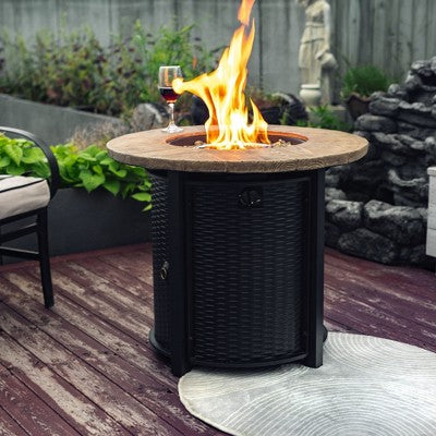 Moda Furnishings 30" Propane Gas Fire Pit Table, Round Steel Fire Pit with Imitation Wood Grain Finish for Outside Patio Deck Garden Backyard- Black