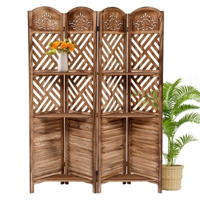 Farmhouse-style room partition with three-tiered shelving and four folding privacy screens, suitable for bedrooms, living rooms - small space storage