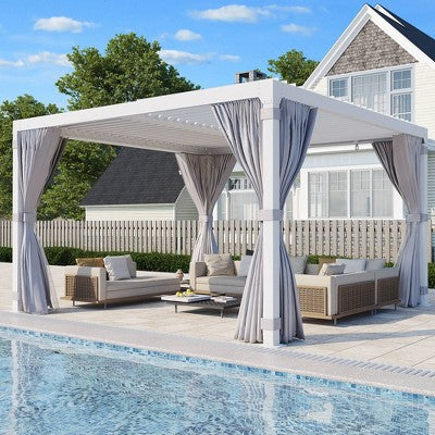 Erommy 10' x 10' Outdoor Louvered Pergola with Adjustable Aluminum Rainproof Roof with Curtains and Netting