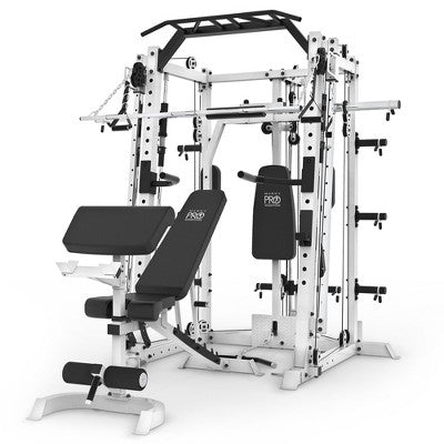 Marcy Power Cage, 1500 lbs Multi-Functional Smith Machine Cage System for Home Gym Training, with Workout Bench, Dip Bars & Cable Handles, White/Black