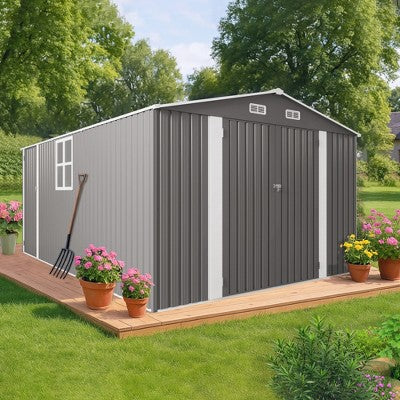 Wooakway 10' x 14' Outdoor Metal Storage Shed with Foundation Kit Durable Lockable Garden Tool House for Bike Lawn Mower Garbage Cans and Accessories