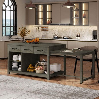 ORRD Extendable Kitchen Island with Power Outlets, Rolling Cart with Drawers & Shelves, Retro Mobile Storage(Natural)