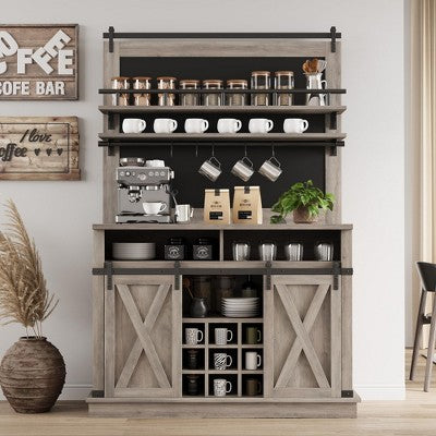 GustoWave 75" Coffee Bar Cabinet with Sliding Barn Door and Blackboard, Farmhouse Buffet Cabinet with Storage, Coffee Hutch Cabinet