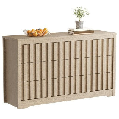 Fluted Dresser for Bedroom with 6 Drawers, 54" Wide Modern Chest of Drawers with Curved Profile, Natural Oak Drawer Organizer