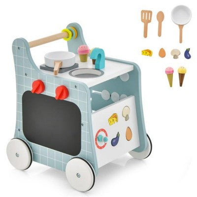 SEVOBAL Baby Walkers 6-in-1 Wooden Baby Stroller with Play Kitchen and Learning Activities for Kids, Blue, 12"*13.5"*16.5"