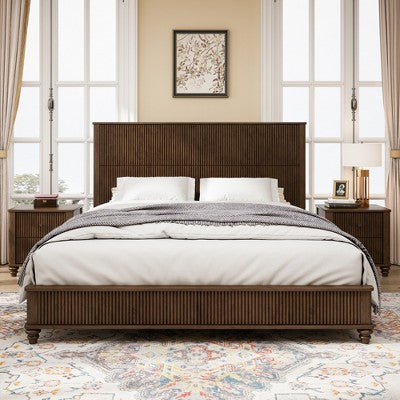 3-Piece Bedroom Set, Queen/King Size Bed Frame & 2 Fluted Nightstands with Storage Drawers - ModernLuxe