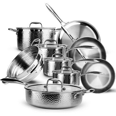 Imarku Pots and Pans Set, 14 PCS Kitchen Cookware Set,Tri-Ply Clad Stainless Steel with Ergonomic Handle and Lids, Dishwasher Safe,Scratch Resistance