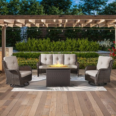 4PCS Patio Furniture Set with Fire Pit Table, Brown Wicker Outdoor Fire Pit Set with Patio Sofa, Swivel Glider Chair and Rectangular Propane Fire Pit