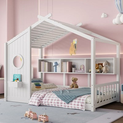 Angel Sar Twin Size House Bed for Toddler, Montessori Floor Bed with Storage Shelf, White, Playhouse Design