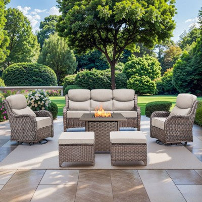 Gymojoy 6 Pieces Outdoor Patio Wicker Sofa Swivel Chair Ottoman with 6 Inch Cushions and Fire Pit Table