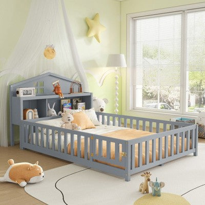 Full Size Floor Bed with Bookcases and Blackboards for Kids Bedroom