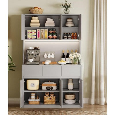 Kitchen Pantry Cabinet, Kitchen Storage Hutch with Glass Door, Handless Design and Adjustable Shelves, LED Lights