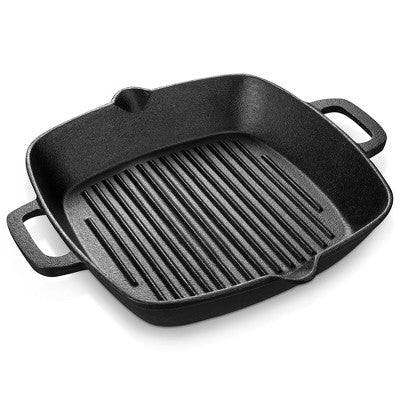 vancasso Griddle Pans Pre-Seasoned Cast Iron Frying Pan Square with Double Handle for Induction, Electric & Gas Hobs Grill Steak and Veggies Black