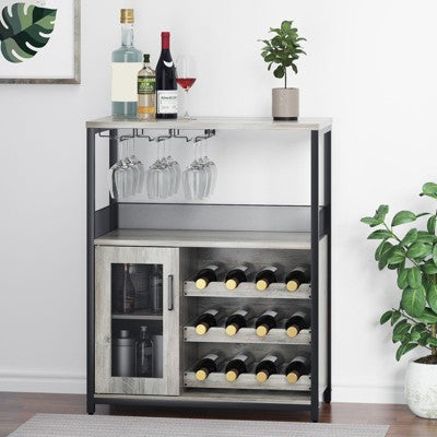 Garvee Wine Cabinet with Large Storage Space and Detachable Rack, Small Sideboard and Buffet Cabinet with Mesh Door, Retro Brown/Gray