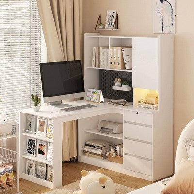 PAGED L Shaped Computer Desk with outlet and Drawers,L-Shaped Corner Gaming Computer Table,Writing Desk with Storage for Bedroom