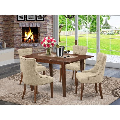 HomeStock 5 Piece Kitchen Table Set Mahogany Linen Fabric Parson Chairs