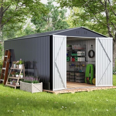 Sandinrayli 8 x 12 FT Outdoor Storage Shed, Large Metal Tool Sheds with Updated Frame Structure and Lockable Doors