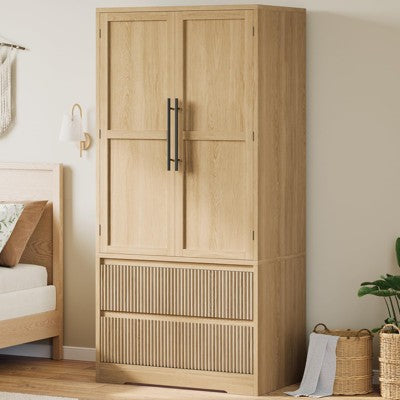 GustoWave Bedroom Wooden Armoire Wardrobe Closet, Wardrobe Armoire Cabinet with Wood Doors and Drawers,Freestanding Cabinet with Shelves & Hanging Rod
