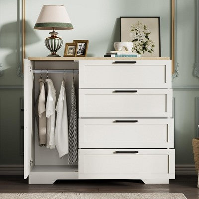 Wood Armoire Wardrobe Closet Cabinet with 4 Drawers Door and Hanging Rod