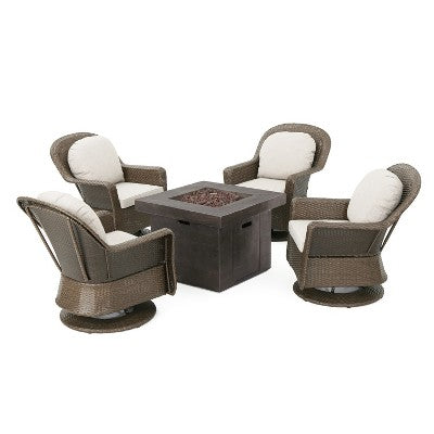GDFStudio Assisi Outdoor Wicker 5 Piece Swivel Club Chair and Fire Pit Set with Cushions