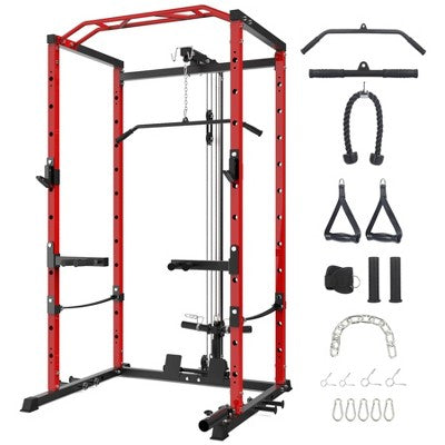 Power Cage with LAT Pulldown, Multi-Functional Home Gym Squat Rack with Cable Pulley System, Dip Bars & Landmine Attachment for Full-Body Workout