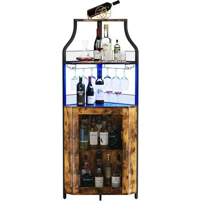 30-Bottle Wood Metal Corner Wine Bar Cabinet with Removable Rack, Adjustable Shelves, LED Lighting Option for Kitchen, Living Room
