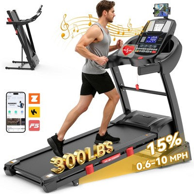 4.5HP Foldable Treadmill for Home, 15-Level Auto Incline, 300 LBS, APP Control, 71 Programs, Bluetooth, Free Courses, Knee Strap, for Home & Office