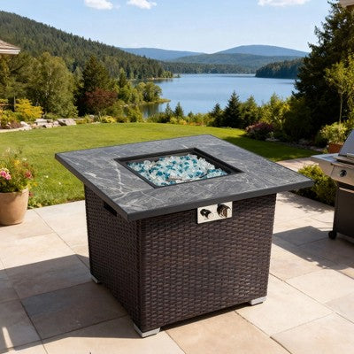 30" Propane Gas Fire Pit Table, 50000 BTU Square Fire Pit, Tile Tabletop with Beautiful Wicker Base for Outside Patio Deck Garden Courtyard-Brown