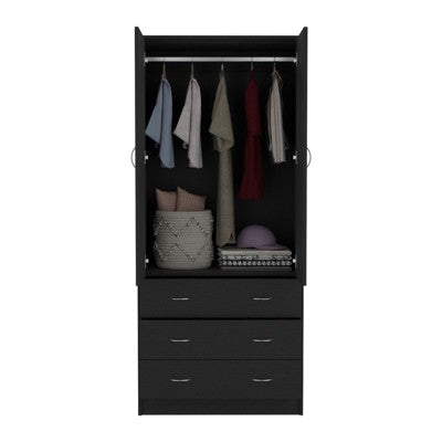 SEVOBAL Armoires with Double Doors 3 Drawers Hanging Rod and Spacious Storage for Bedroom and Closet Organization, Black, 31"*19"*70.9"