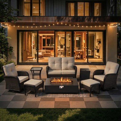 Belord Outdoor Patio Furniture Set with Glider Loveseat, External Propane Fire Pit Table, Deep Seating Patio Swivel Rocking Glider Chair, Black Wicker