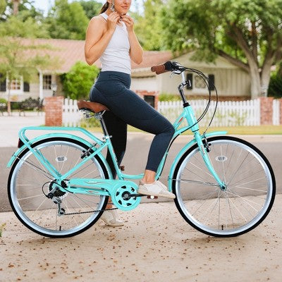 Kumasinova 26" Women's 7 Speed Bicycle,Steel Frame Step-Thru City Bike with Shimano Gearing,Brown Leather Saddle,Dual V Brakes,Bike for Adults