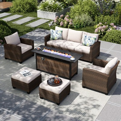 Captiva Designs 6pc Outdoor Patio Wicker Rattan Fire Pit Set with Cushioned Ottomans and Armchairs