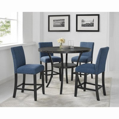 Biony Espresso Wood Counter Height Dining Set with Blue Fabric Nailhead Stools