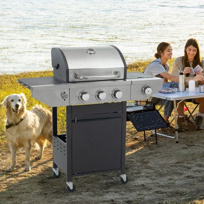 CAVINAS 3-Burner Propane Gas BBQ Grill,37000BTU Output Outdoor Grill with SideBurner&Foldable Side Table,Enameled Cast Iron Cooking Grids