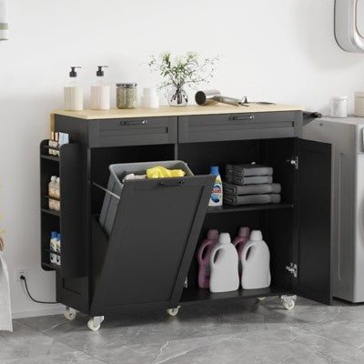 Kitchen Island Cart with Trash Can, Kitchen Island with Drop Leaf, Kitchen Rolling Island with Towel Rack, Trash Can Mobile Island Table for Kitchen
