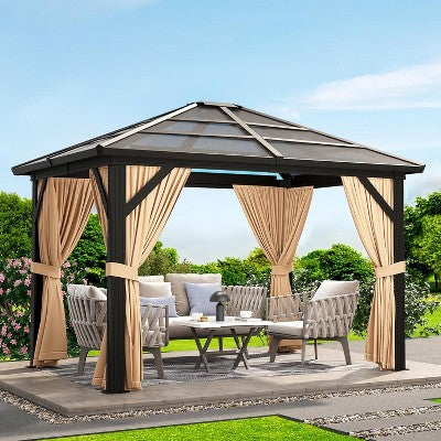 10x10 FT Hardtop Gazebo for Patio, Outdoor Polycarbonate Canopy with Aluminum Frame, Netting & Curtains, Permanent Garden Pavilion for Deck, Lawn