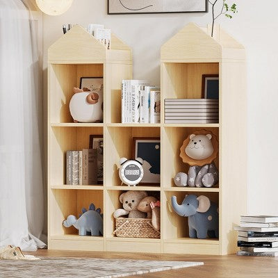 Kids Bookshelf 42.32in Toy Storage Organizer Wooden Bookcase Toddlers Playhouse Cabinet Shelf Natural Cubby Storage Toy Shelf