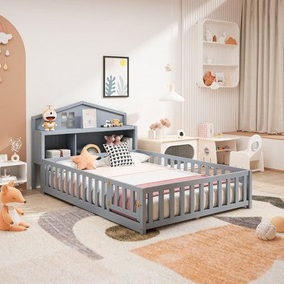 Gulches Full-size Montessori Floor Bed with Bookcases and Blackboards, Versatile Platform Beds with Guard rails, Floor Beds for Kids,Grey