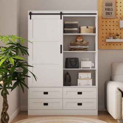 Kumasinova Storage Aacrmoire,Bedroom Armoires with Hanging Rod,Sliding Barn Door,4 Drawers,3 Open Shelves,Wooden Wardrobe Closet for Bedrooms