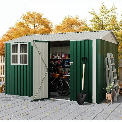 COZONY Outdoor Metal Storage Shed with Clear Window, Lockable Doors Large Garden Tool Box Sloping Roof for Backyard Garden Patio Lawn